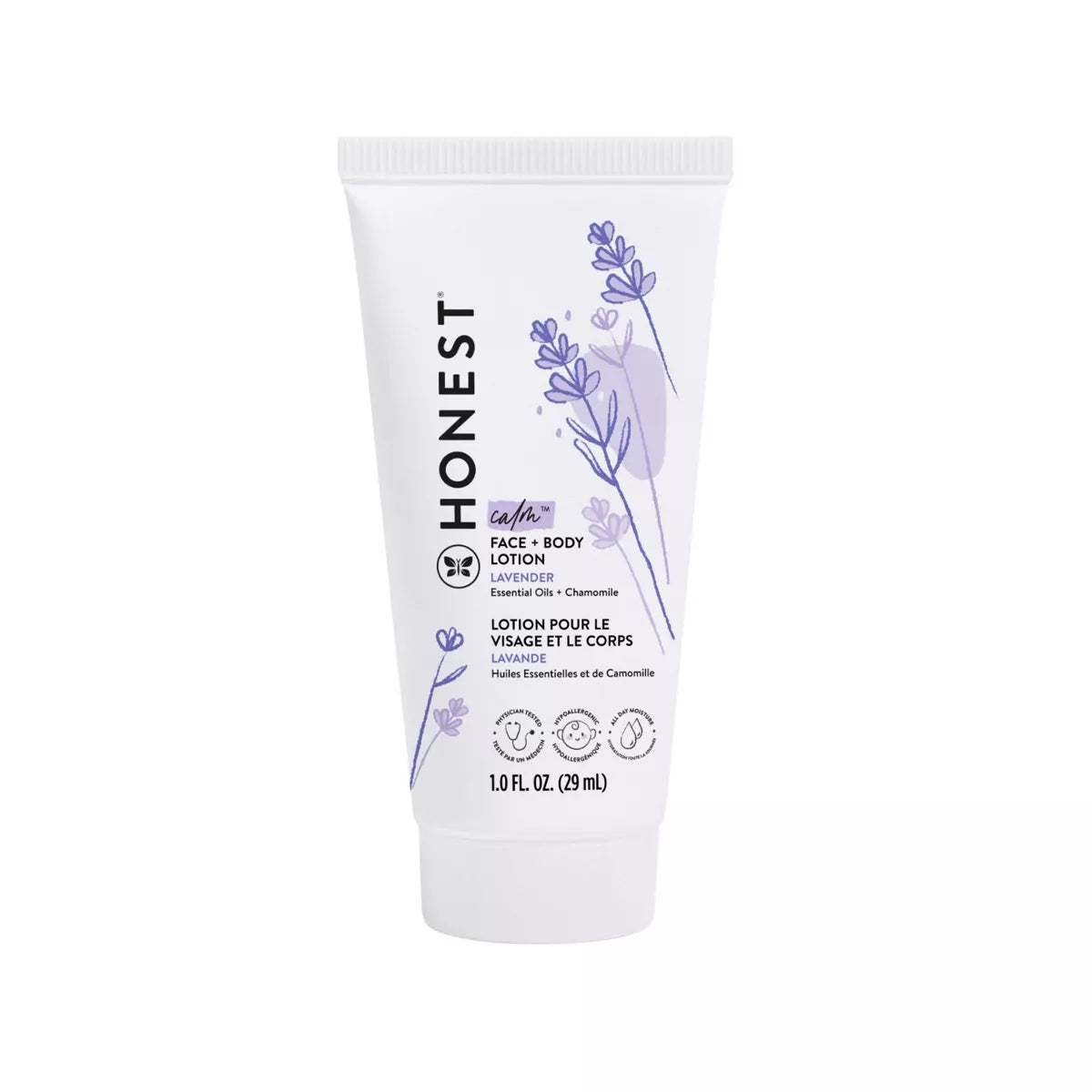 face and body lotion with lavender design on a white background