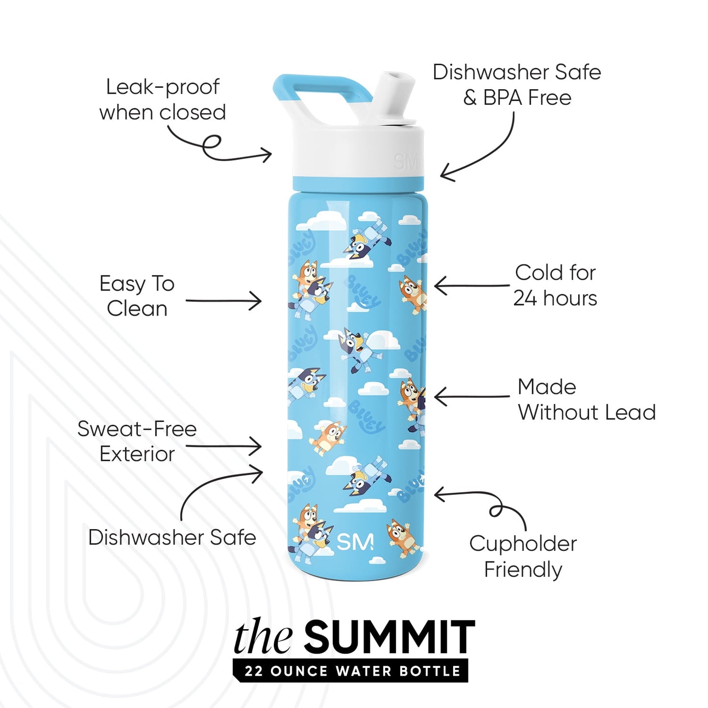 Simple Modern Bluey 22 fl oz Insulated Stainless Steel Summit Wide Mouth Water Bottle with Straw Lid|Bluey Sky