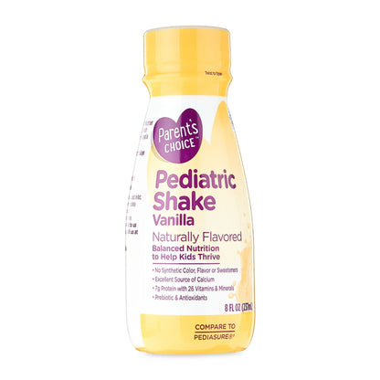 A yellow and white bottle of Kids pediatric shake with a purple label on a white background