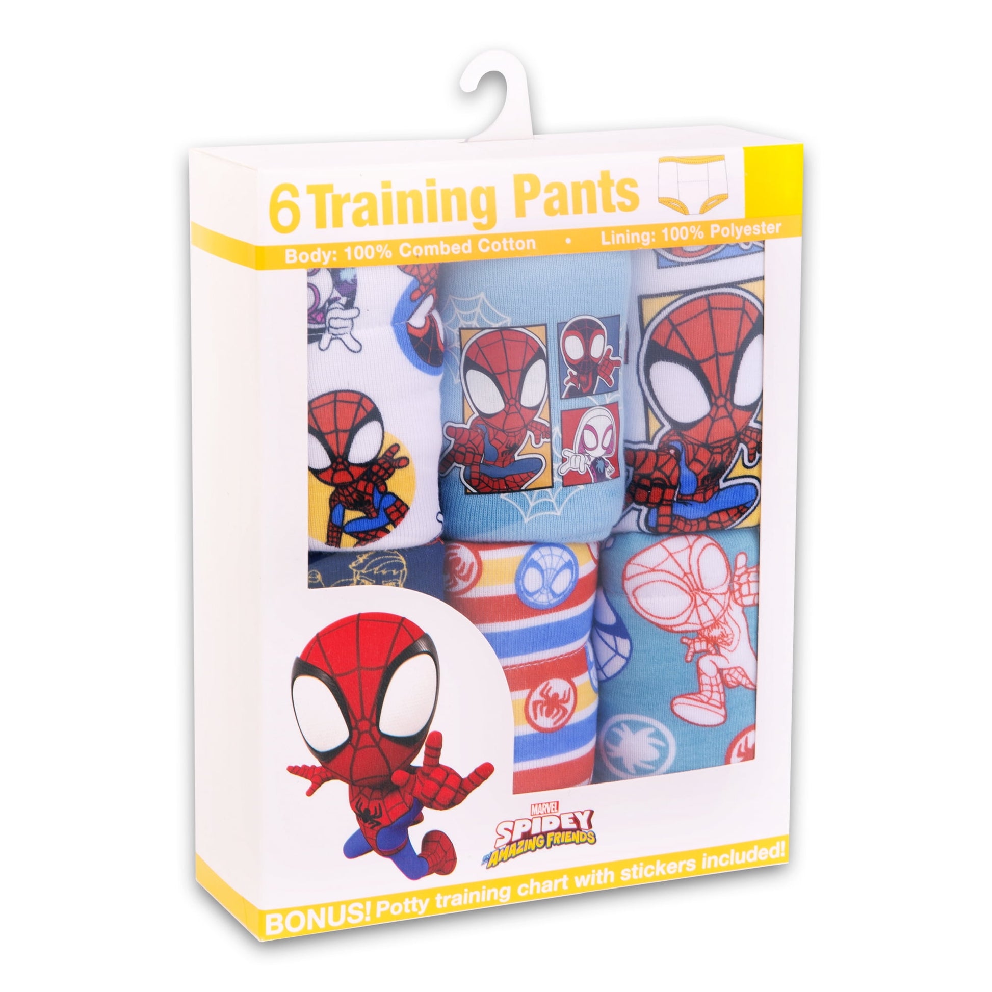 A package containing six pairs of toddler boy's training pants with superhero designs on a white background