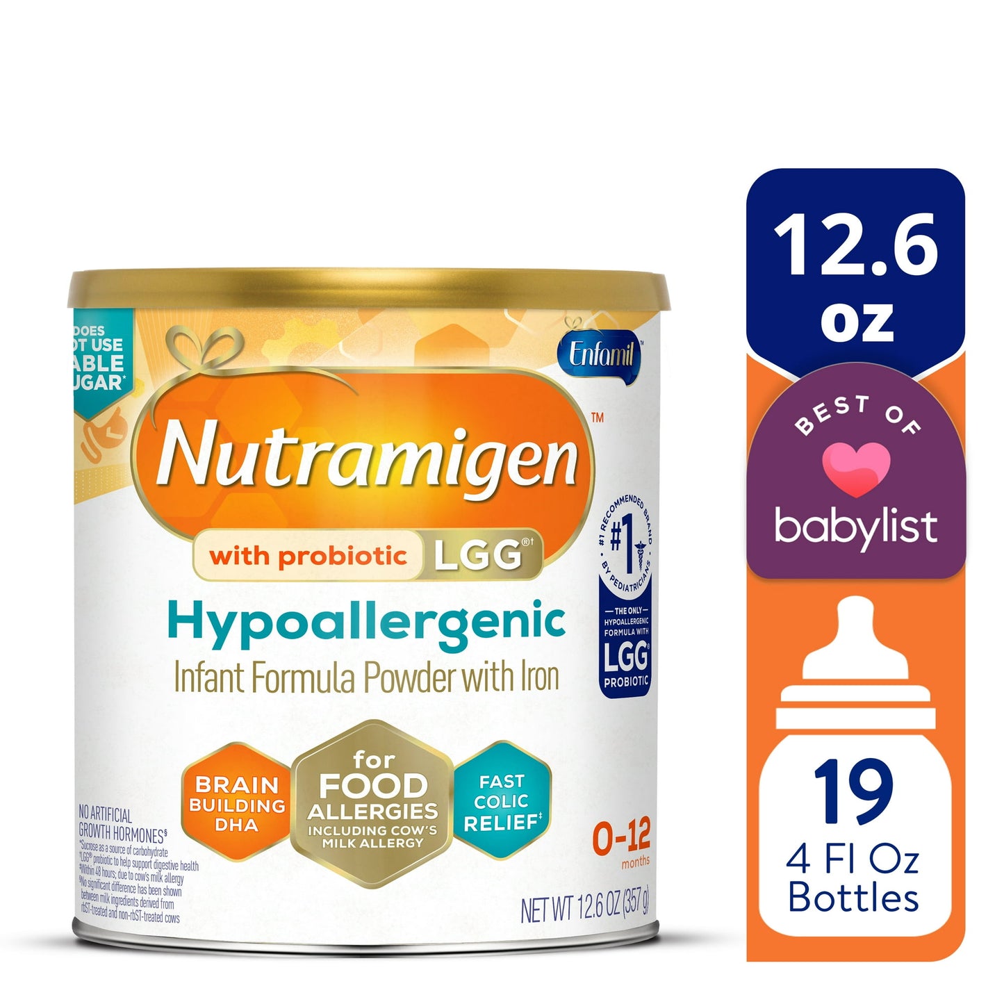 hypoallergenic infant formula powder can with packaging details on a white background