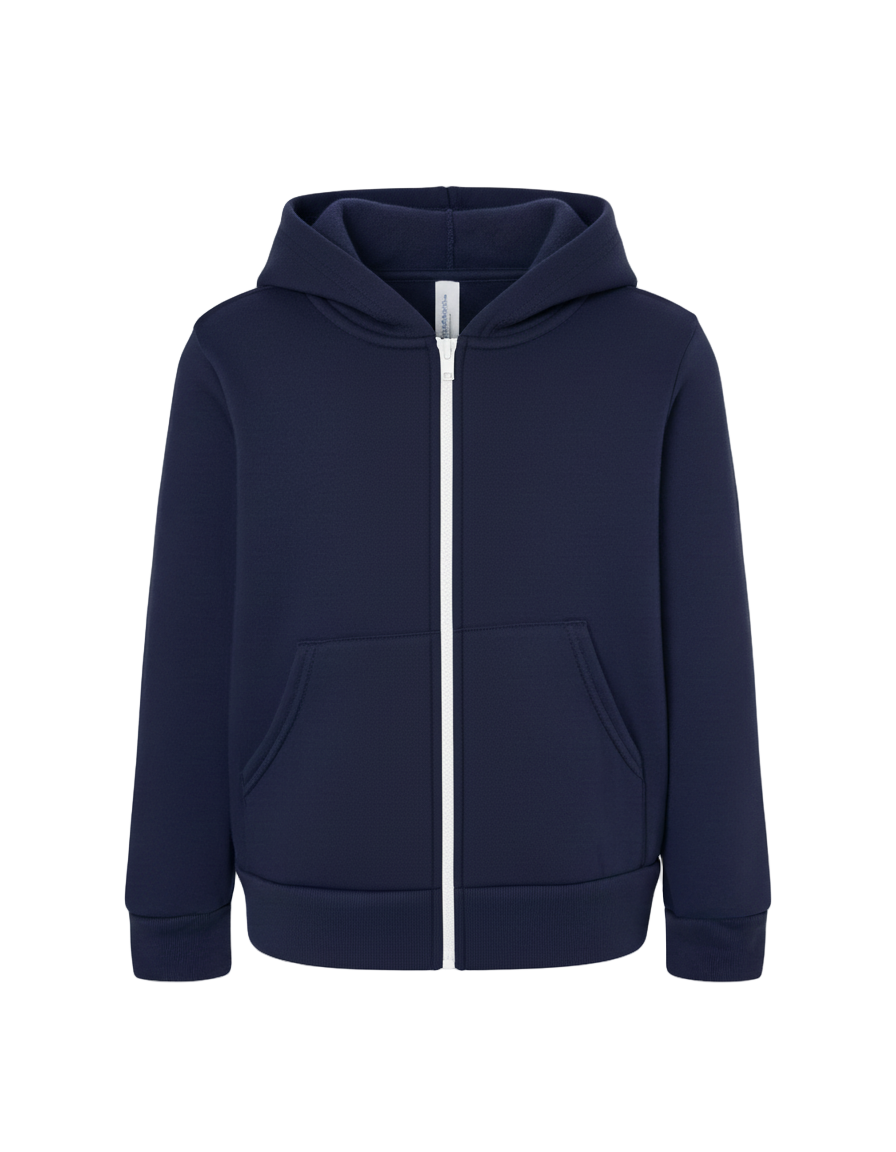 Navy blue hoodie with a zipper on a white background