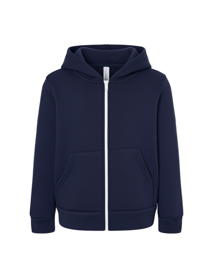 Navy blue hoodie with a zipper on a white background