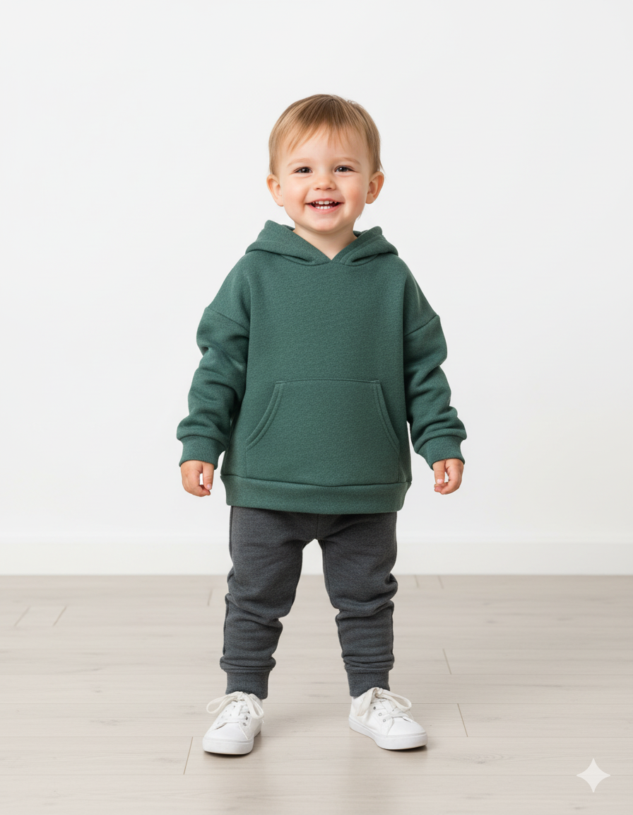 Child wearing a green hoodie and gray pants on a white background