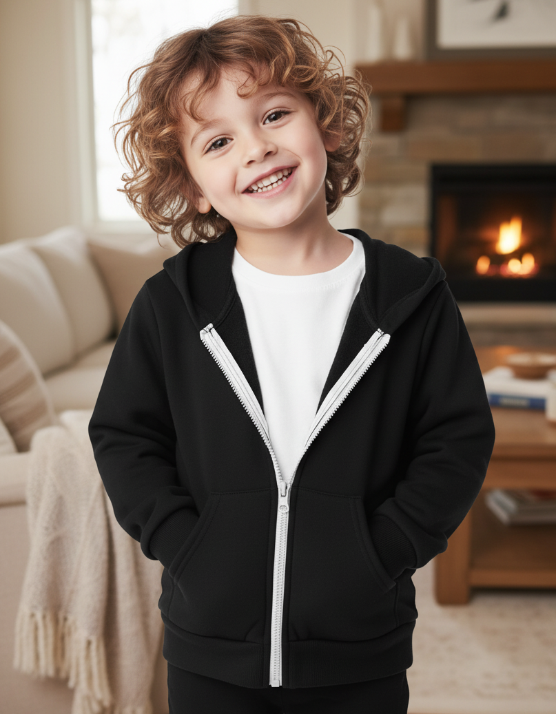 Child wearing a black hoodie with a fireplace in the background