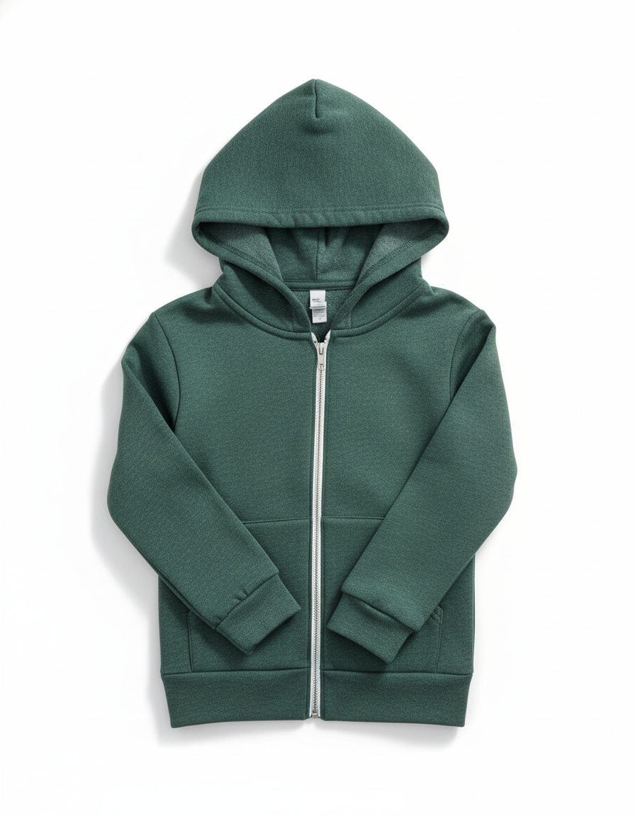 Green hoodie with a zipper on a white background
