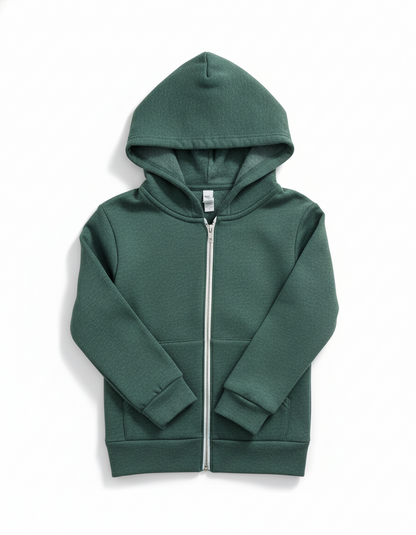Green hoodie with a zipper on a white background