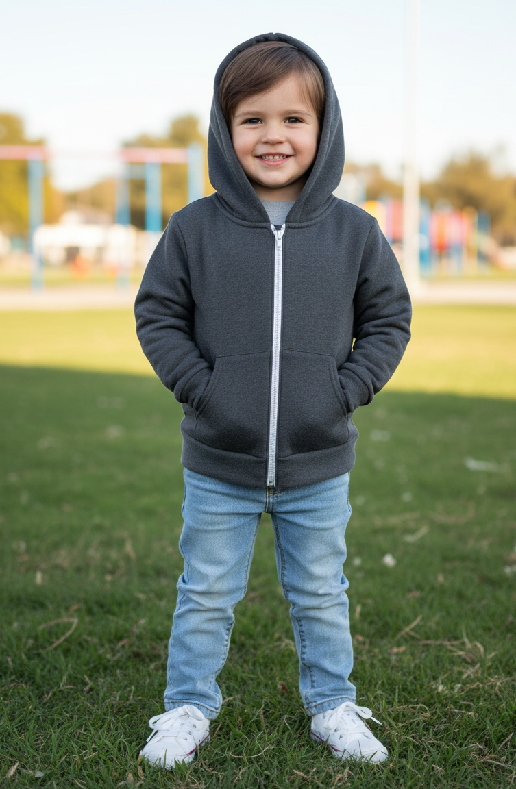 Child wearing a gray hoodie and blue jeans standing on grass