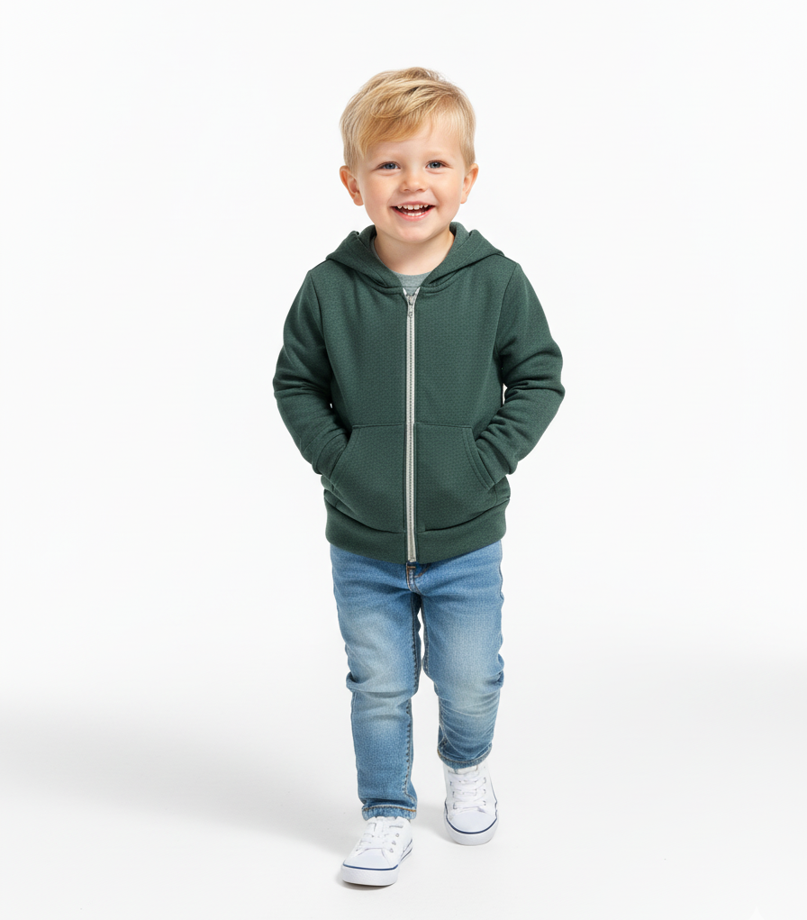 Child wearing a Christmas green hoodie with a zipper on a white background