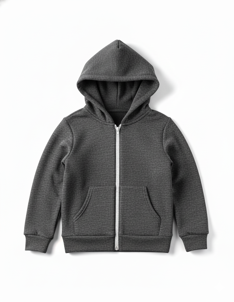 Gray hoodie with a zipper on a white background
