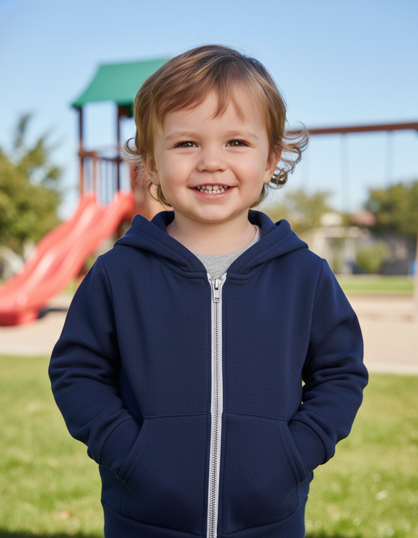 Child wearing a navy blue hoodie on a playground
