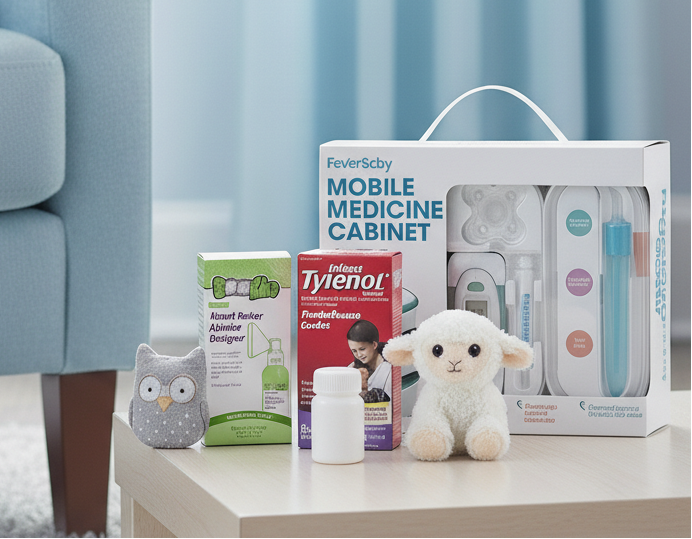 Children's medicine cabinet, Tylenol box, and plush toy on a coffee table in a living room.