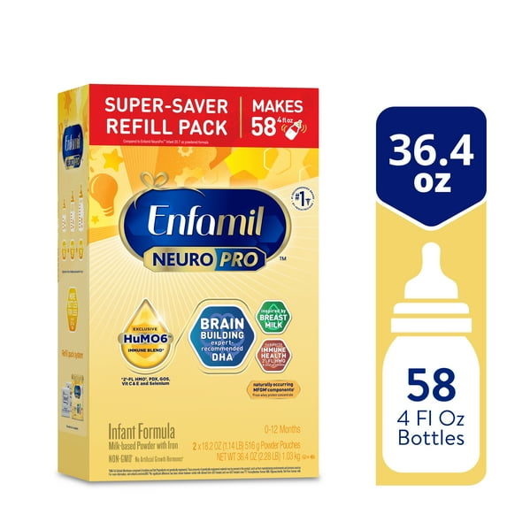 infant formula packaging with details on quantity and size.