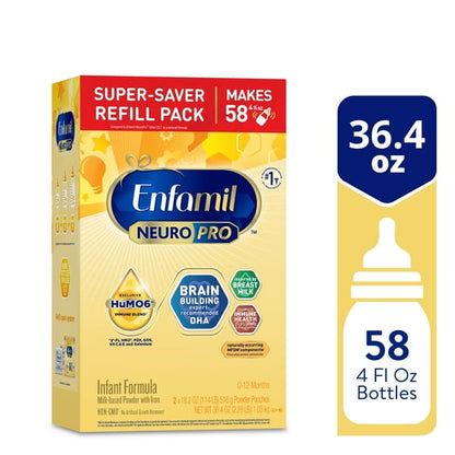 infant formula packaging with details on quantity and size.