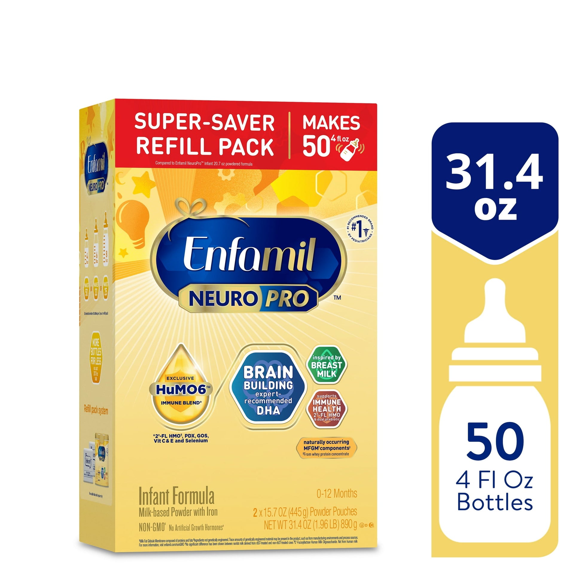 infant formula packaging with details on quantity and size.