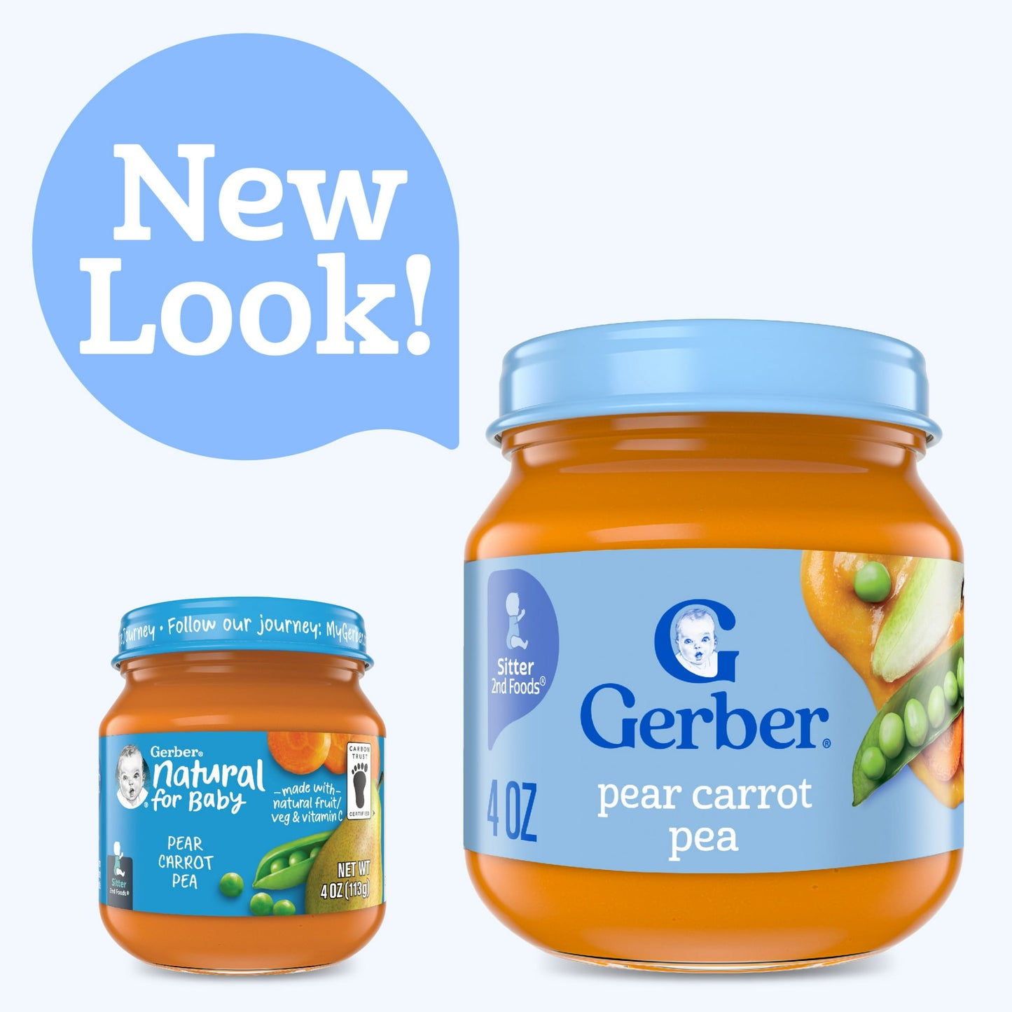 jar of baby food with a 'New Look!' label on a white background