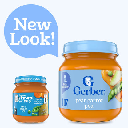 jar of baby food with a 'New Look!' label on a white background