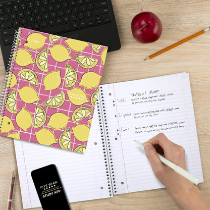 Five Star Fruits 1 Subject Wide Ruled Notebook Plus Study App, 8" x 10.5", Citrus Slice, Poly, Spiral, 80 Sheets