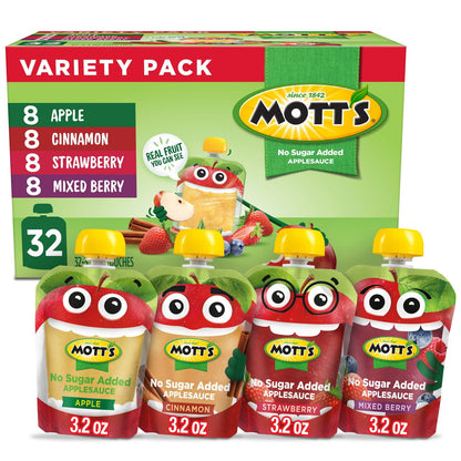 no sugar added applesauce variety pack with colorful packaging and cartoon apple characters.
