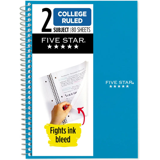 notebook with blue cover and white text on a white background