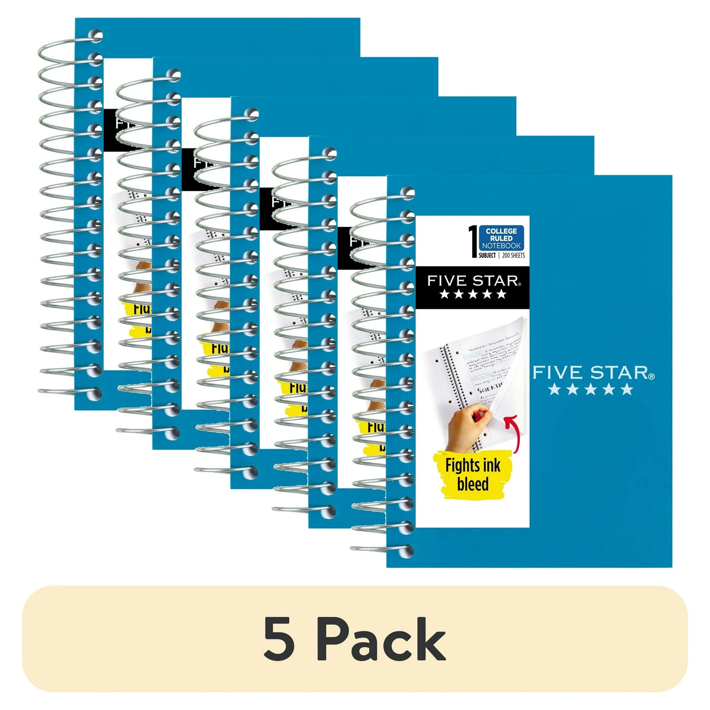 notebooks with blue cover and spiral binding, labeled '5 Pack'.