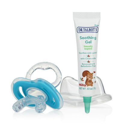 pacifier and soothing gel on a white background
