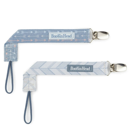 pacifier clip with blue and gray pattern on a white background