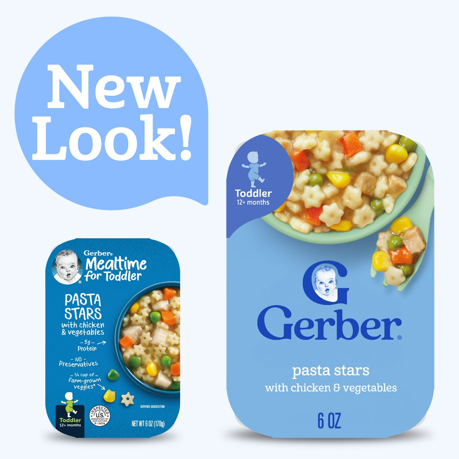 pasta stars with chicken and vegetables packaging showing 'New Look!' text