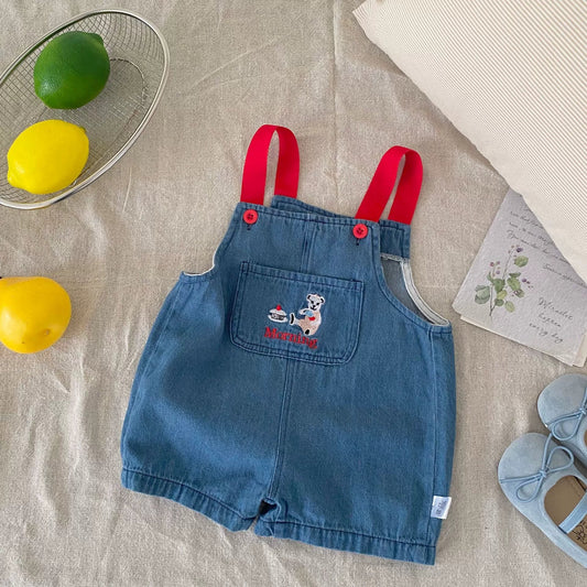 Summer Arrival Baby Unisex Cartoon Embroidered Sleeveless Denim Strap Overalls-2