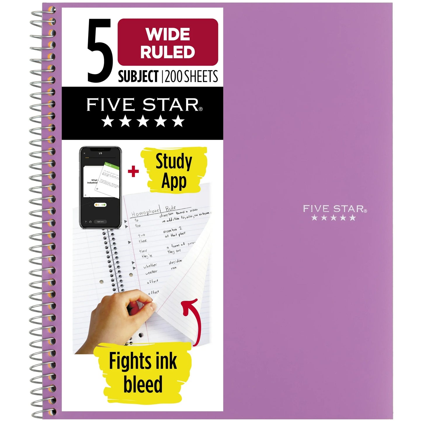 Five Star Spiral Notebook + Study App, 5 Subject, Wide Ruled, 8" x 10.5", Amethyst