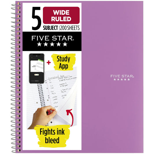 Five Star Spiral Notebook + Study App, 5 Subject, Wide Ruled, 8" x 10.5", Amethyst