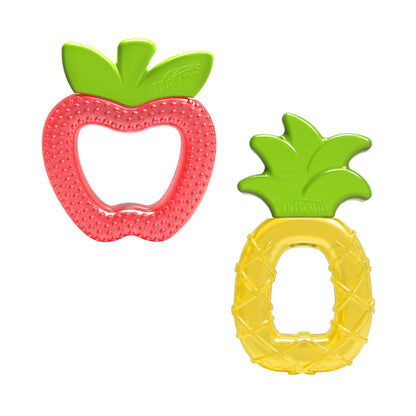 red apple-shaped and yellow pineapple-shaped baby teether on a white background