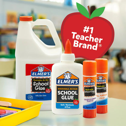 school glue products with a red apple-shaped sign in a classroom setting