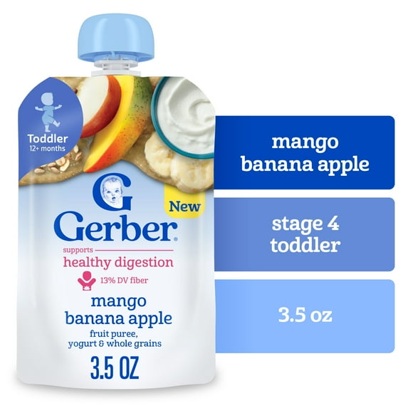 stage 4 toddler pouch with mango, banana, and apple flavor on a white background