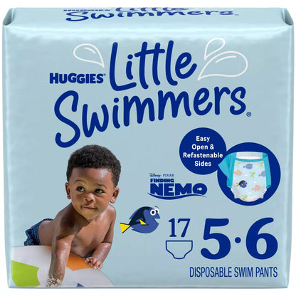 swim diaper package with a child and Finding Nemo characters on a light blue background.