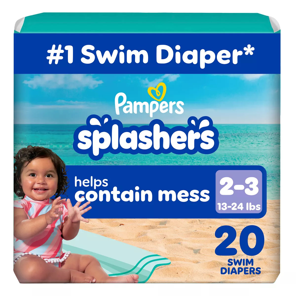 swim diapers package with a child on a beach.