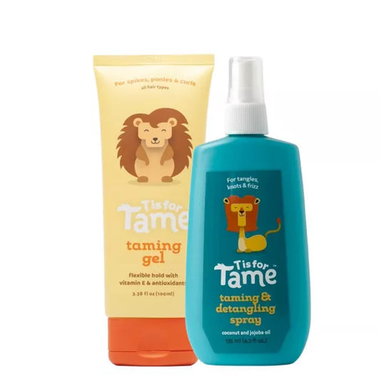 taming gel and detangling spray with lion graphics on a white background