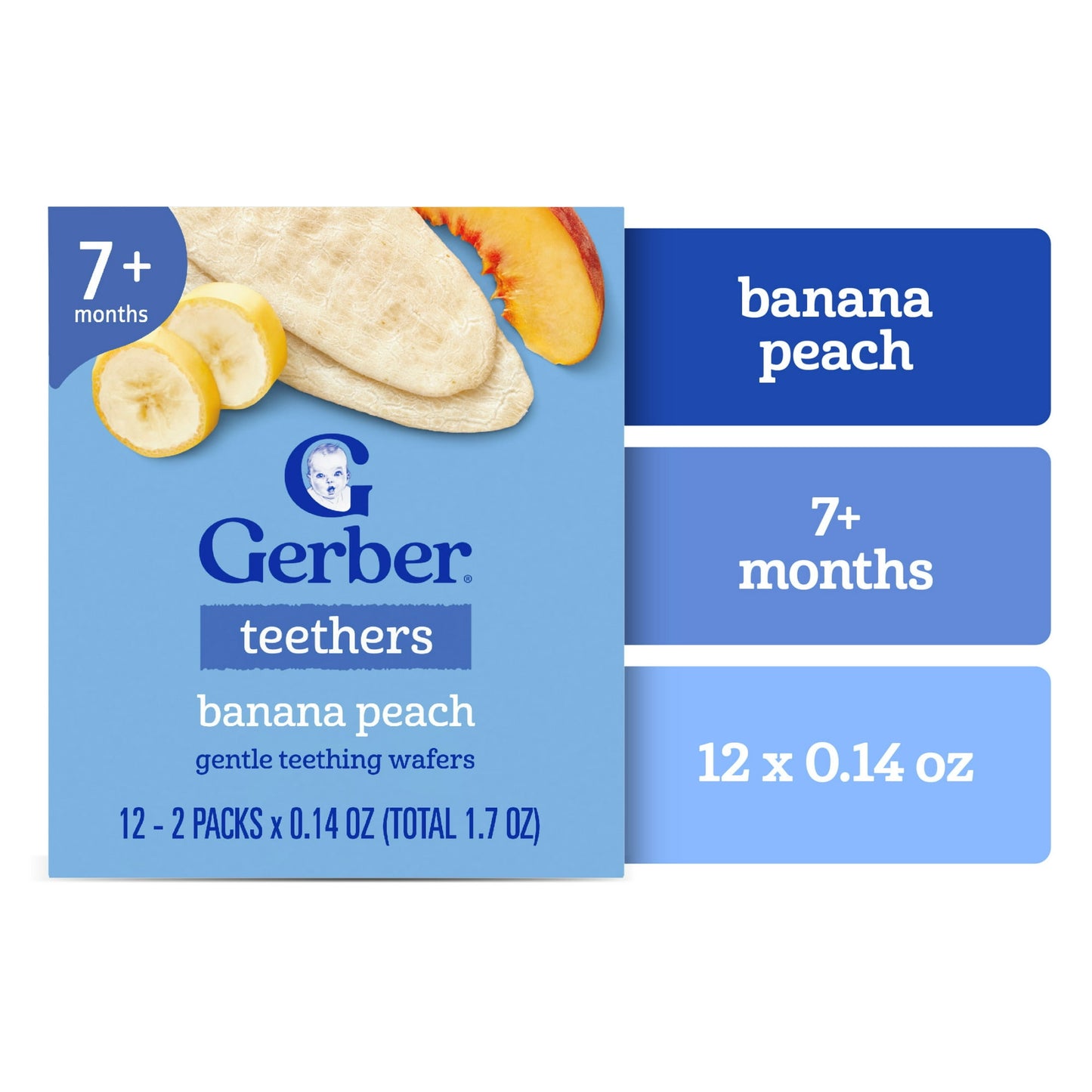 teething wafers packaging for banana peach flavor on a white background
