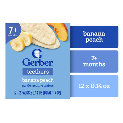 teething wafers packaging for banana peach flavor on a white background