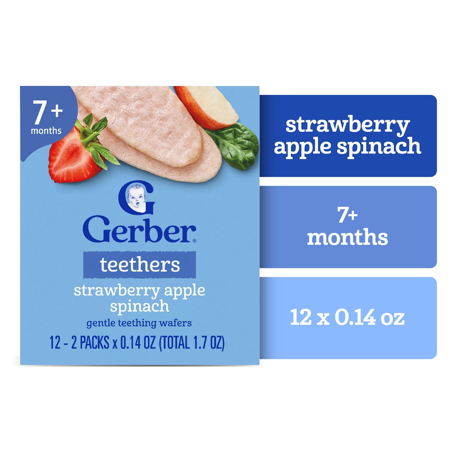 teething wafers packaging for strawberry apple spinach flavor on a white background
