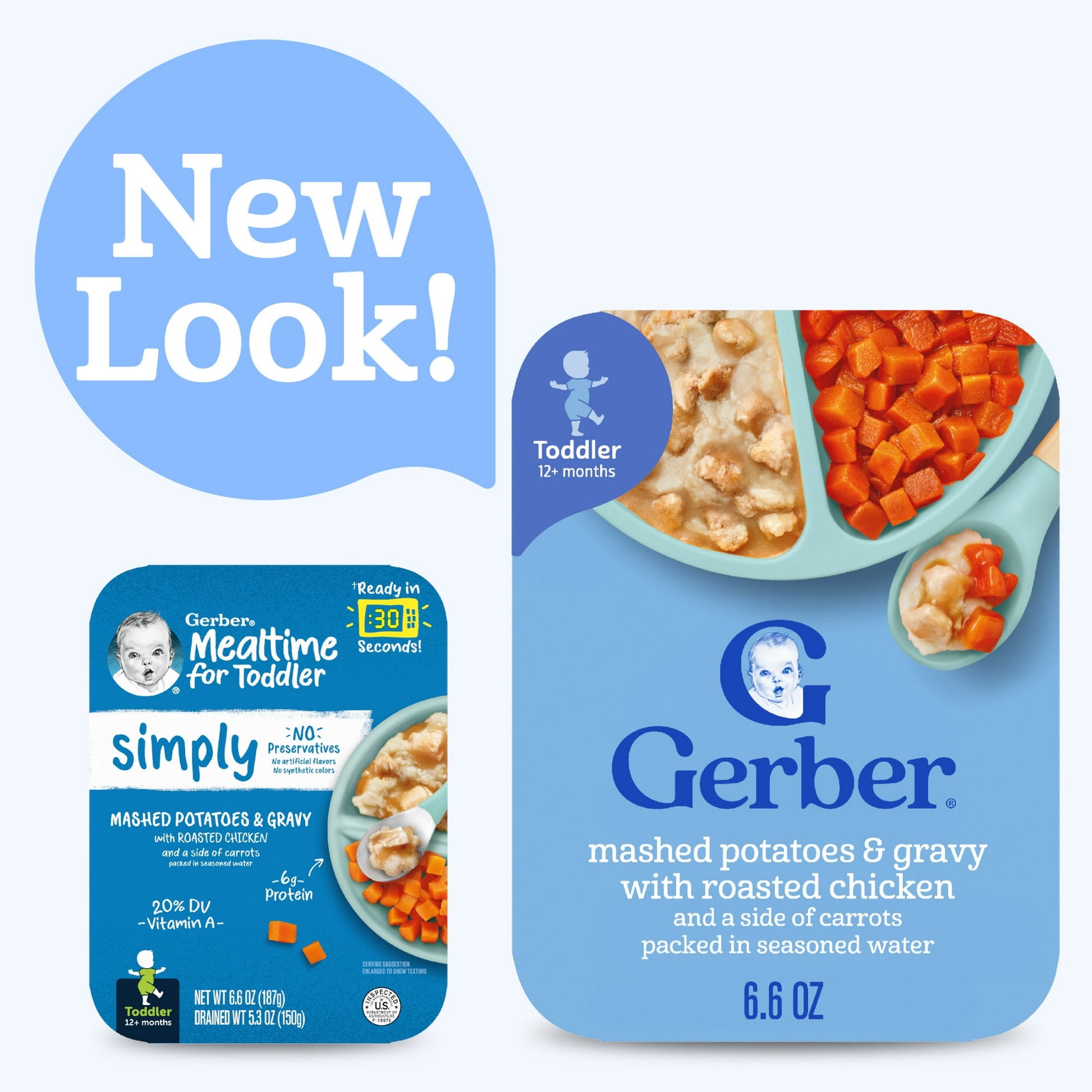 toddler food packaging with 'New Look!' text and product details.
