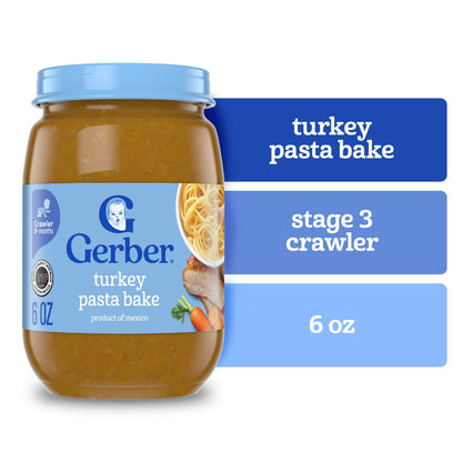 turkey pasta bake baby food jar with label details on a white background