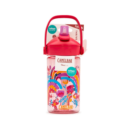 water bottle with colorful design and red lid on a white background